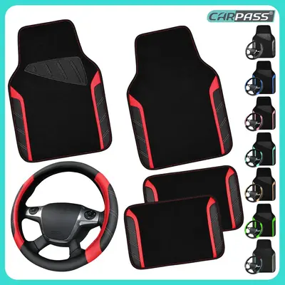 CAR PASS 5pcs Leather Steering Wheel Cover and Waterproof Car Floor Mats,fit for 95% Sedan,SUV,Cars,14.5-15inch Sporty Anti-S...