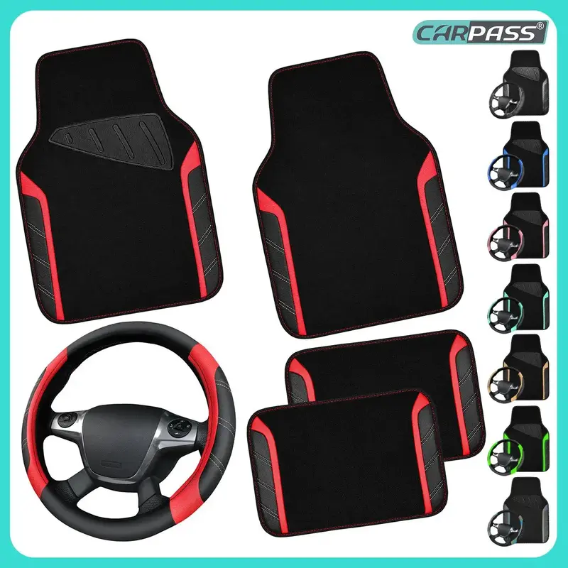 CAR PASS 5pcs Leather Steering Wheel Cover and Waterproof Car Floor Mats,fit for 95% Sedan,SUV,Cars,14.5-15inch Sporty Anti-S...