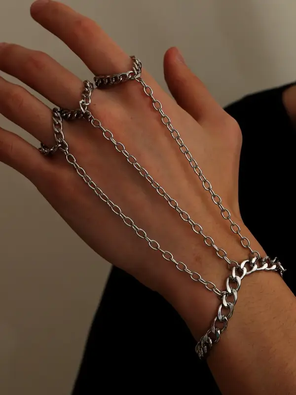 Men's Punk Style Stainless Steel Cuban Chain Mittens Bracelet, Fashion Modern Accessories, Fashionable Hip Hop Hand Matching ...