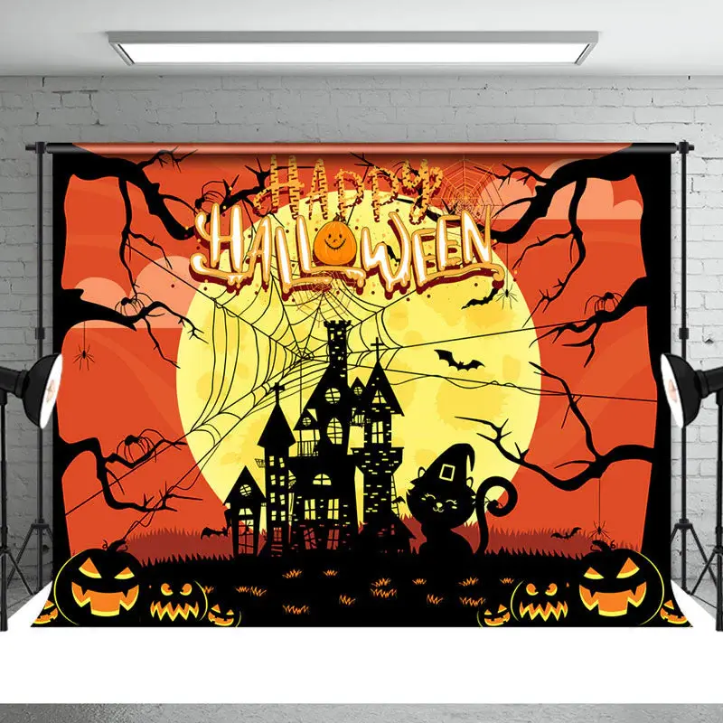 Castle Cat Pumpkin Yellow Moon Halloween Backdrop - Aperturee