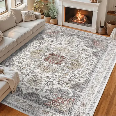 Garvee Machine Washable Rug 9x12 Neutral Floral Vintage Area Rug for Living Room Bedroom Dining Room Camel