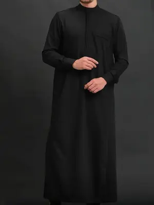 Men's Solid Color Stand Collar Thobe, Relaxed Casual Comfy Long Sleeve Robe for Daily Wear, Traditional Men's Islamic Clothin...