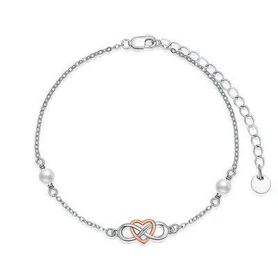 Sterling Silver Pearl Heart & Infinity Symbol Charm Bracelet