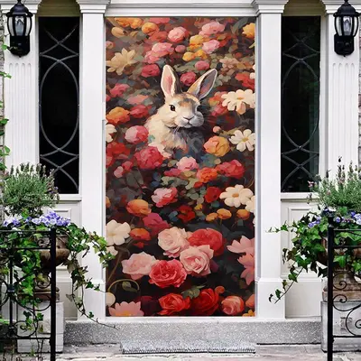 Retro Rabbit Flower Spring Easter Door Cover - Aperturee