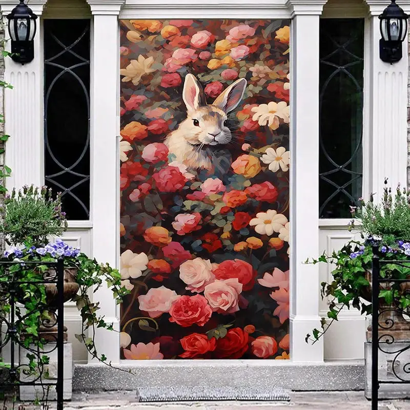 Retro Rabbit Flower Spring Easter Door Cover - Aperturee