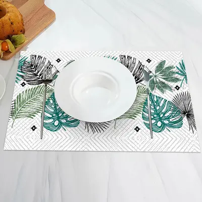 Rhombus Plaid Green Black Leaves Set Of 4 Placemats - Aperturee