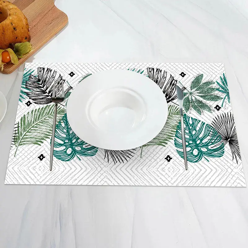 Rhombus Plaid Green Black Leaves Set Of 4 Placemats - Aperturee