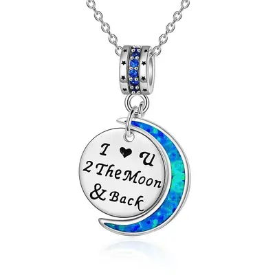 Sterling Silver Opal Moon Engraved Necklace for Women