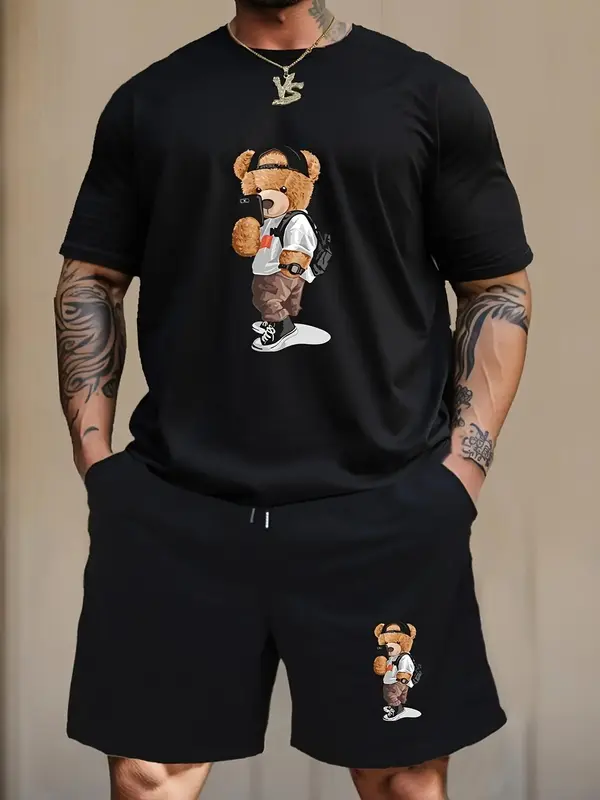 2 Counts Men's Cartoon Bear Print Tee & Drawstring Pocket Shorts Set, Regular Fit Casual Crew Neck Short Sleeve T-shirt & El...