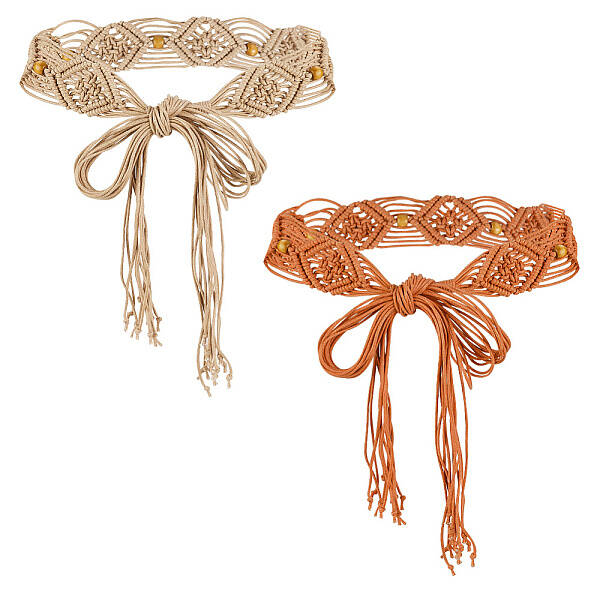 2Pcs 2 Colors Wax Cord Knitted Rhombus Chain Belt with Wood Beaded