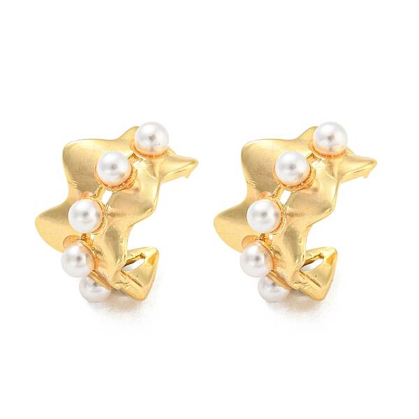 Rack Plating Brass Wave Cuff Earrings with Plastic Pearl