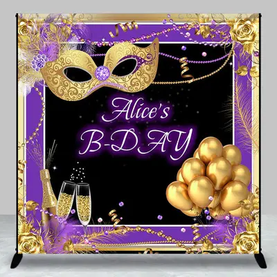 Custom Name Purple Gold Masquerade Birthday Backdrop