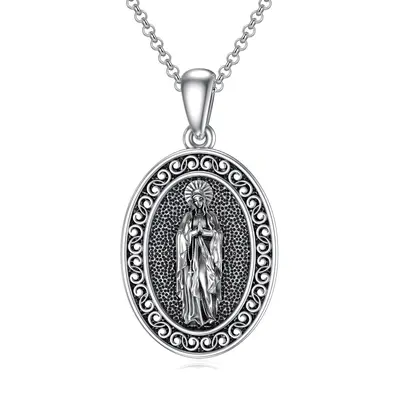 Sterling Silver with Black Plated Virgin Mary Pendant Necklace