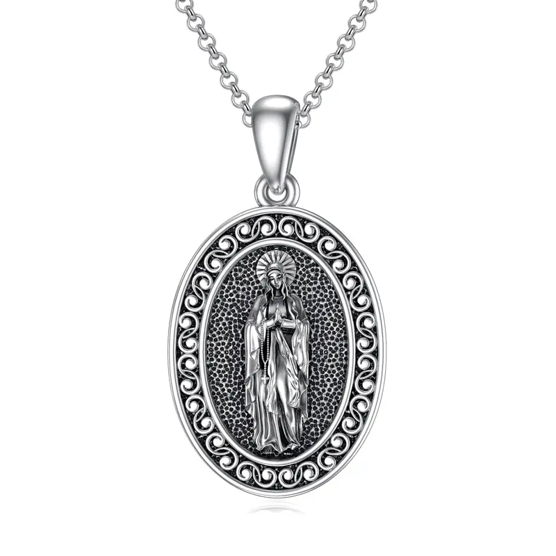 Sterling Silver with Black Plated Virgin Mary Pendant Necklace