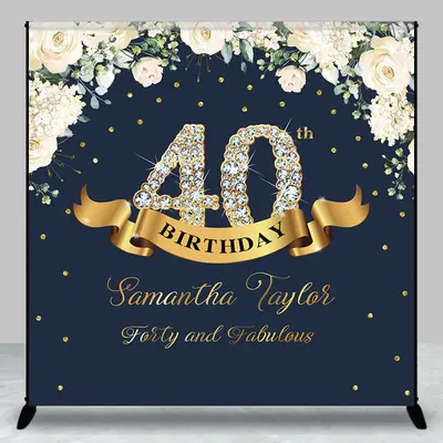 Custom Navy Blue Pink Floral 40th Birthday Backdrop - Aperturee