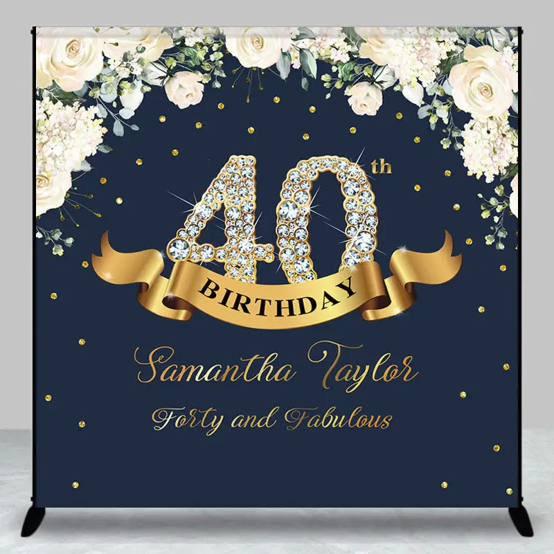 Custom Navy Blue Pink Floral 40th Birthday Backdrop - Aperturee