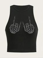 Women's Skeleton Hand Gesture Print Round Neck Tank Top, Casual Sleeveless Top for Summer, Ladies Clothes for Daily Wear, Soc...