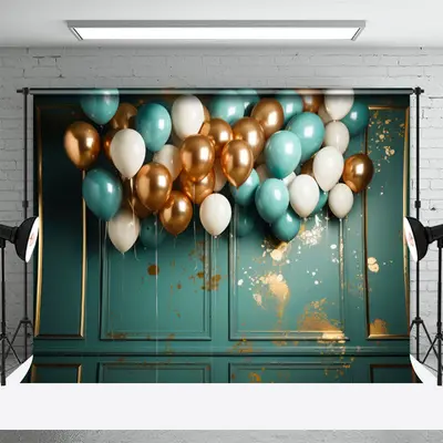 Golden And Blue Balloon Birthday Cake Smash Backdrop - Aperturee