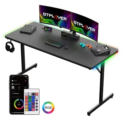 GTPLAYER 55 Large RGB Gaming Desk, T-Shaped Office Desk, RGB lighting can be APP controlled,Spacious Work Surface Table, Ea...