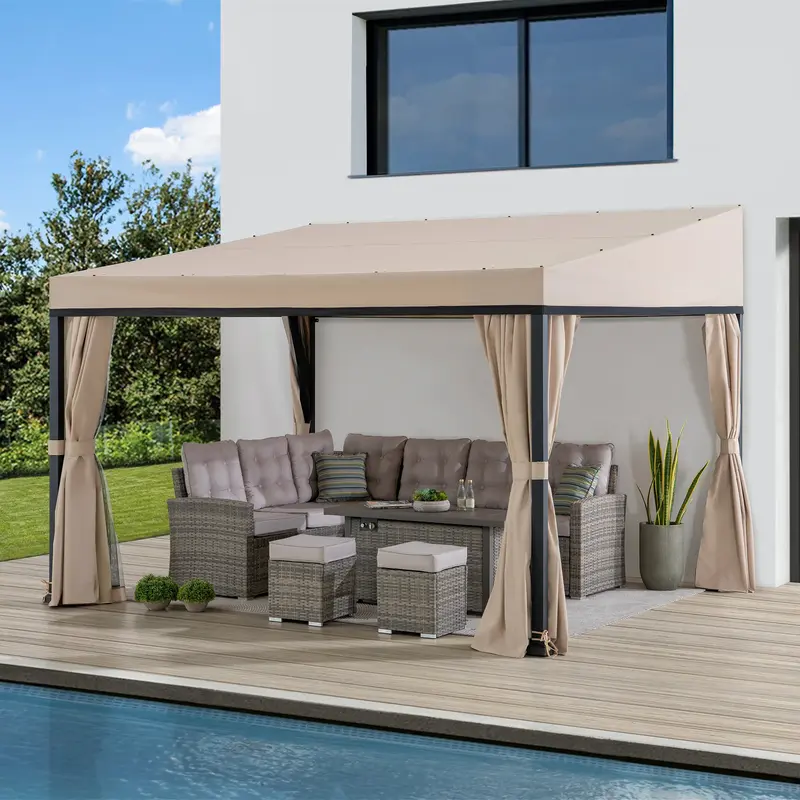 SUNJOY 10x12 Fabric Roof Wall Mounted Gazebo, Lean to Gazebo with Curtain and Netting