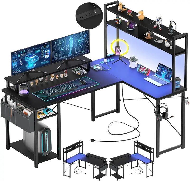 L-Shaped Computer Desk with Hutch, Power Outlets, USB  Monitor Stand, Storage Shelf - for Home Office  Gaming mesa gamer big ...