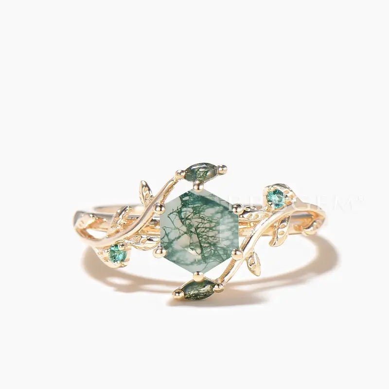 Hexagon Cut Natural Moss Agate Engagement Ring Green Agate Twisted Ring