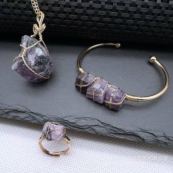 Wire Wrapped Nuggets Natural Amethyst Pendant Necklace & Cuff Bangle & Rings Sets