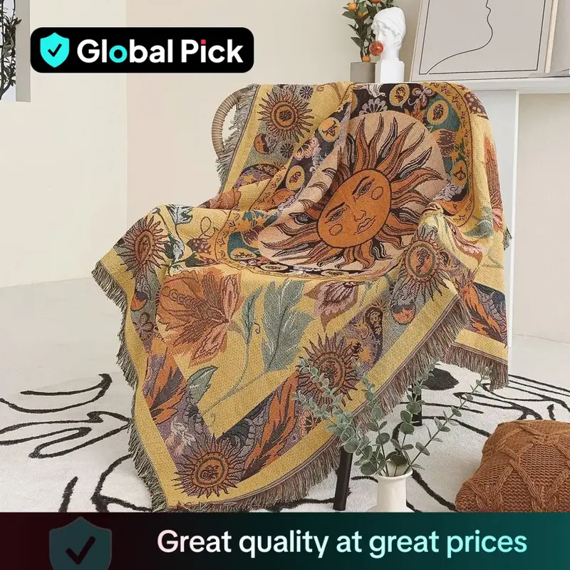 Boho Style Sun Print Tassel Blanket, Casual Soft Throw Blanket, All Season Thick Warm Blanket, Breathable Comfortable Blanket...