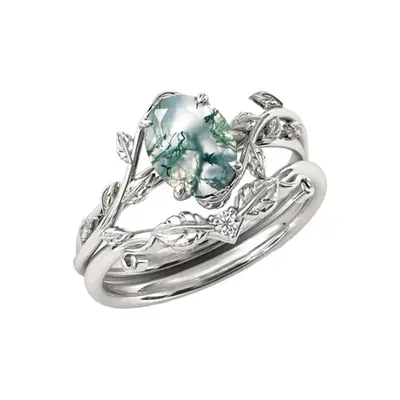 Sterling Silver Round Shaped Moss Agate Couple Engagement Ring