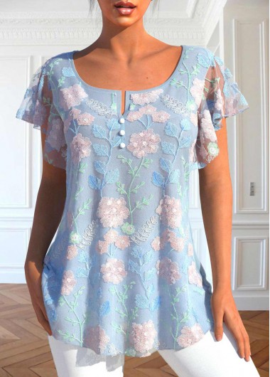 Modlily Light Blue Lace Short Sleeve T Shirt - M