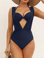 Two-piece Set Women's Solid Ruched Tie Back Swim Bra & Swim Bodysuit Set, Casual Fashion Swimwear Set for Beach Holiday Vacat...