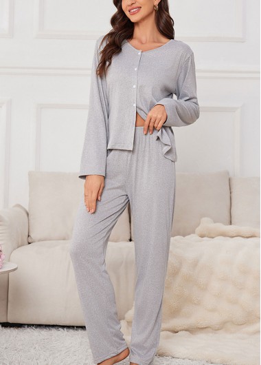 Modlily Grey Long Sleeve V Neck Lounge Top and Pants - L