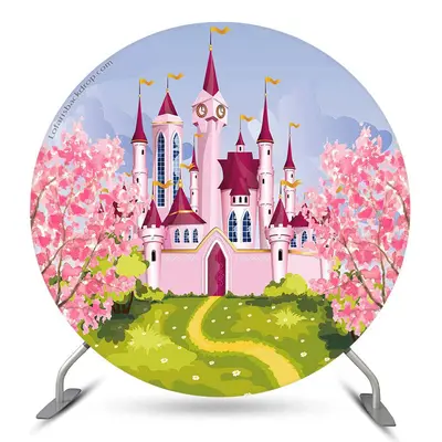 Aperturee Pink Castle Flower Birthday Round Backdrop Kit | Round Party Backdrop | Circle Background For Party | Circular Birt...