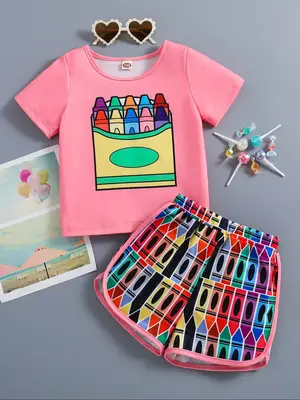 Girl's Cartoon Print Tee & Colorful Print Shorts Two-piece Set, Casual Round Neck Short Sleeve T-shirt & Shorts, Summer Clot...