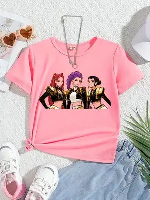 Girls Summer Fashion Kpop Butterfly Print Short Sleeve T-Shirt, Casual Fitted Comfortable Top, Moderate Fabric, Perfect for D...