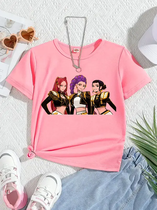 Girls Summer Fashion Kpop Butterfly Print Short Sleeve T-Shirt, Casual Fitted Comfortable Top, Moderate Fabric, Perfect for D...