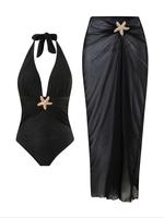 Women's Solid Color Starfish Decor One-piece & Beach Skirt Set, Casual Fashion Tie Back Swim Bodysuit Swimsuit for Beach Holi...