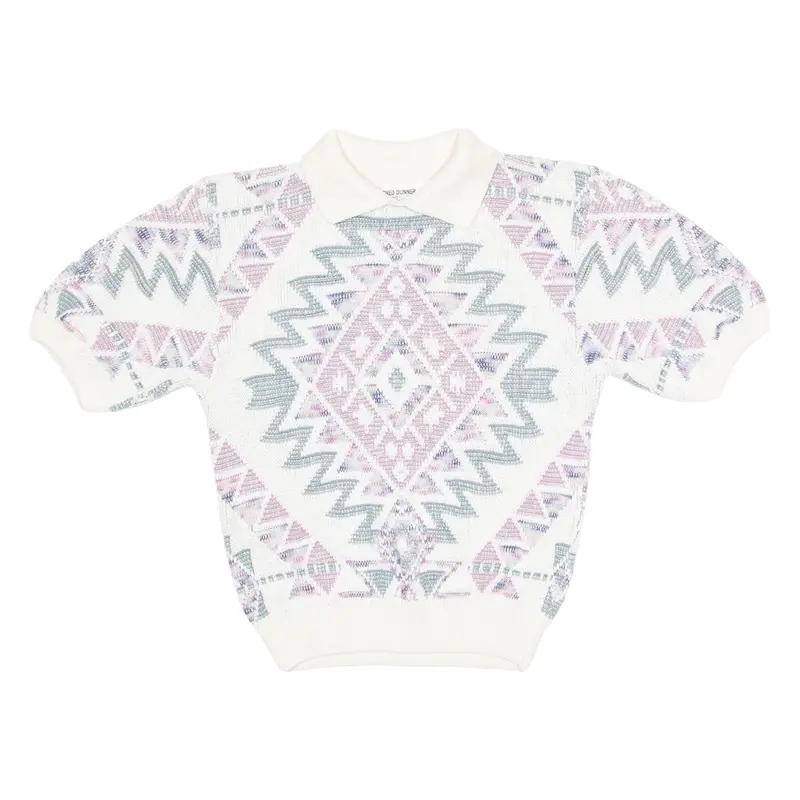 ALFRED DUNNER Womens Patterned Jumper Cream Crazy Pattern 90s Short Sleeve S