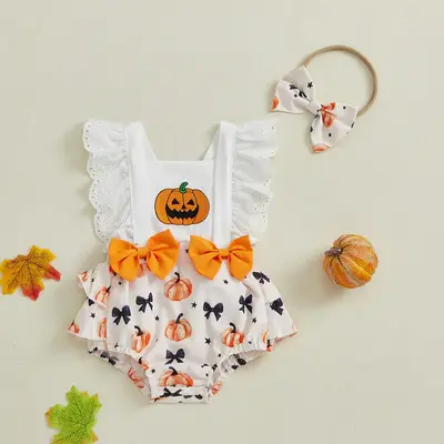 Infant Baby Girl Halloween Romper Bow Pumpkin Print Bodysuit Lace Trim Sleeveless Ruffle Jumpsuit with Headband