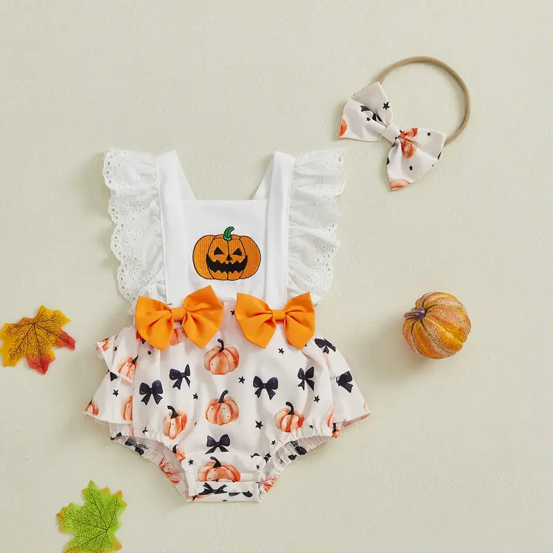 Infant Baby Girl Halloween Romper Bow Pumpkin Print Bodysuit Lace Trim Sleeveless Ruffle Jumpsuit with Headband