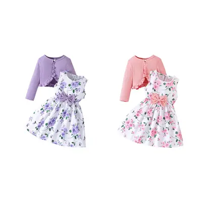 Toddler Girl Dress Set Floral Print Round Neck Bow A-Line Tank Dress Ruffled Ribbed Cardigan 2Pcs Sets Outfit