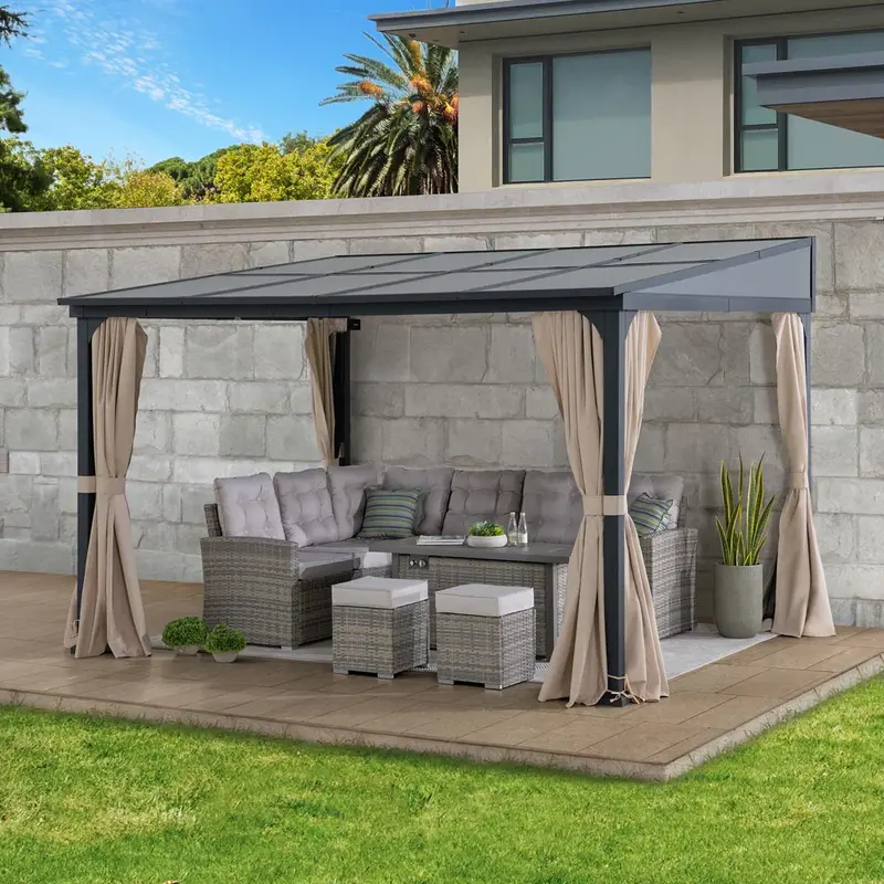 SUNJOY 10x12 Polycarbonate Roof Wall Mounted Gazebo, Lean to Gazebo with Curtain and Netting