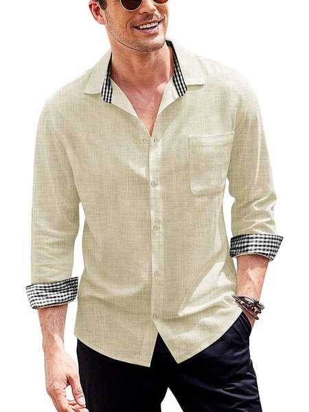 Long-Sleeve Cotton Linen Shirt (US Only), Light Khaki / L
