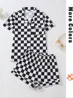 Women's Checkerboard Print Lapel Neck Pajama, Casual Comfy Short Sleeve Button Front Chest Pocket Design Top & Elastic Waist ...