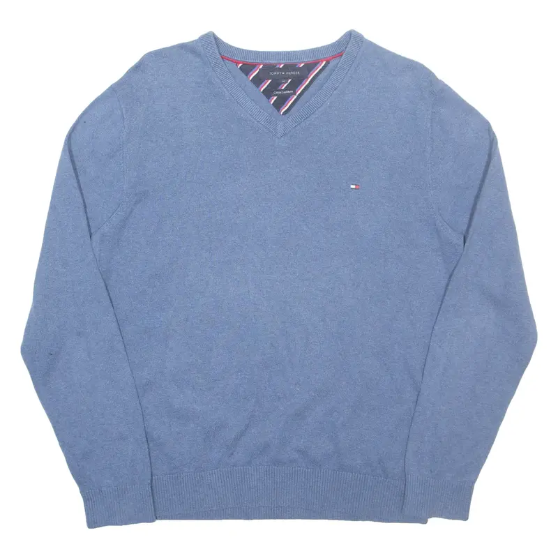 TOMMY HILFIGER Mens Jumper Blue V-Neck Tight Knit Cashmere M