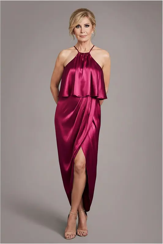 Goddiva Satin Viscose Front Wrap Midaxi Dress - Burgundy