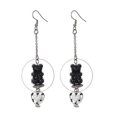Acrylic Bear & Lampwork Heart Dangle Earrings