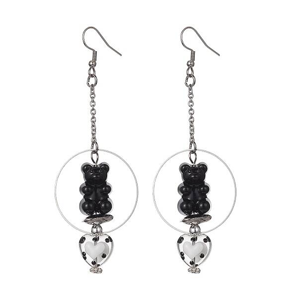 Acrylic Bear & Lampwork Heart Dangle Earrings