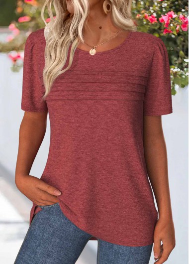 Modlily Brick Red Tuck Stitch Short Sleeve T Shirt - S