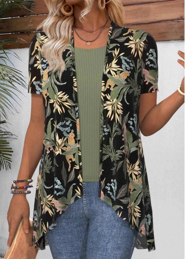 Modlily Green Leaf Print Short Sleeve Light Cardigan - XXL